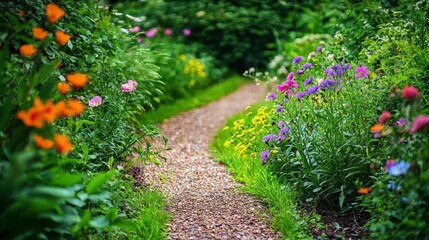 Lush Garden Pathway Surrounded by Colorful Blossoms and Greens