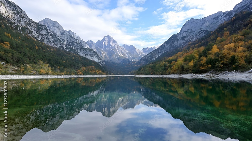 Poster stunning alpine landscape with reflections of mountains and autumn trees in serene lake : generative