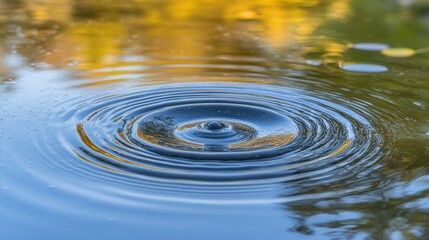 Water droplet ripples on calm water, reflecting autumnal colors.
