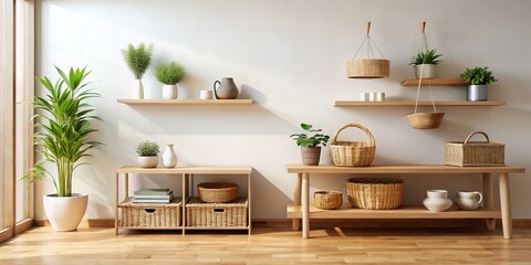 Minimalist Modern Bright Room Interior Design with Wooden Shelf & Woven Baskets