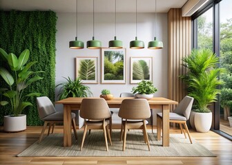 Minimalist Modern Dining Room: Wooden Table, Green Plants, Serene Atmosphere