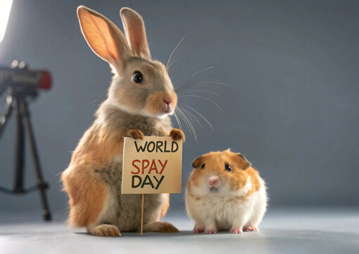 Rabbit and hamster with World Spay and Neuter Day poster. Grey background
