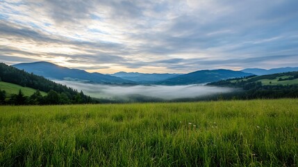 Obraz premium Picturesque Green Rolling Hills Under a Soft Cloudy Sky at Dawn : Generative AI