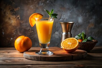 Fototapeta premium Minimalist Orange Juice: Glass, Cocktail, & Slice on Wooden Table