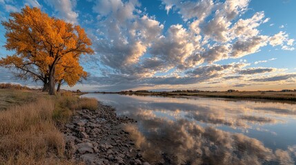 Fototapeta premium Golden autumn tree reflecting in calm river at sunset