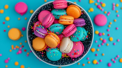 Obraz premium Colorful macarons in a bowl surrounded by vibrant sprinkles on a blue background