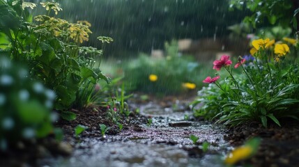 Naklejka premium garden is peaceful and refreshing after rain with flowers and plants covered in sparkling raindrops and soil revitalized by moisture 