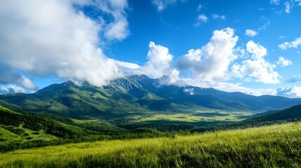 Obraz premium Breathtaking Mountain Landscape with Lush Green Hills and Blue Sky : Generative AI
