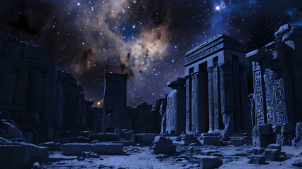 Obraz premium Ancient temple ruins under a starry sky, luminescent symbols carved into stone walls. Ancient Luminescent Glyphs. Illustration