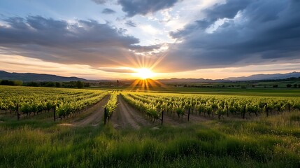Fototapeta premium Golden hour in a vineyard with dramatic clouds highlighting the beauty of the landscape : Generative AI