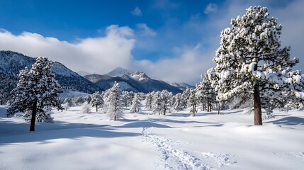 Winter snow-covered landscape with pine trees and mountains under bright blue sky : Generative AI