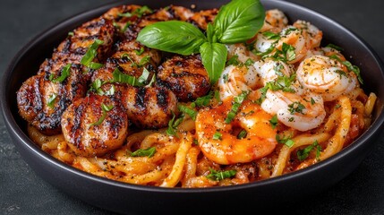 Fototapeta premium Grilled scallops and shrimp served over thick pasta in a black bowl, garnished with fresh basil and herbs.
