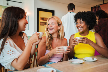 A trio of joyful women engaging in warm conversations while savoring coffee from their mugs, radiating happiness and connection, moments as they bond over their shared love for delicious beverages