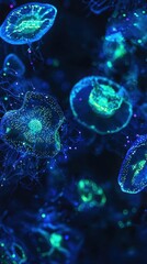 Vivid Depiction of Illuminated Bioluminescent Organisms in Blue Light