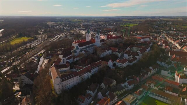 Freisinger Dom Germany, Bavaria aerial view in winter in sunny weather without snow. Dom St. Maria und St. Korbinian in Freising Deutschland, Bayern Luftaufnahme im Winter bei sonnigem Wetter. 