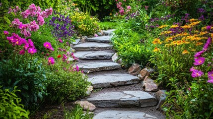 Whimsical Garden Pathway with Artistic Stonework and Vibrant Flowers