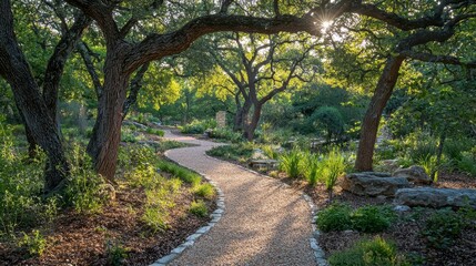 Fototapeta premium Winding Garden Path Shaded by Tall Oak Trees in Serene Setting