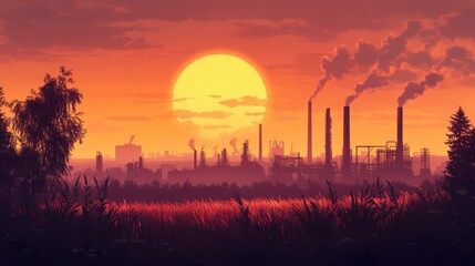 rising sun over factories and fields