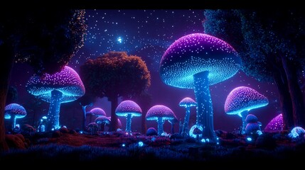 Fototapeta premium Glowing mushrooms in a fantasy forest at night.