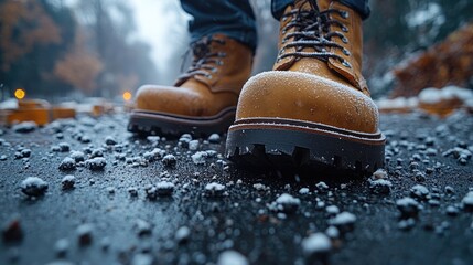 Frosty boots, city street, winter walk, blurred background