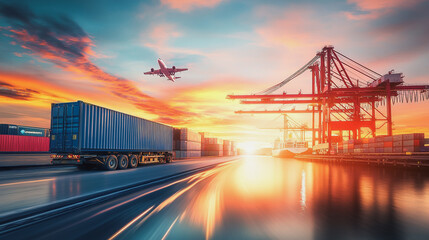 Fototapeta premium Container truck in ship port for business Logistics and transportation of Container Cargo ship and Cargo plane with working crane bridge in shipyard at sunrise, logistic import export and transport