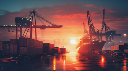 Fototapeta premium Container truck in ship port for business Logistics and transportation of Container Cargo ship and Cargo plane with working crane bridge in shipyard at sunrise, logistic import export and transport