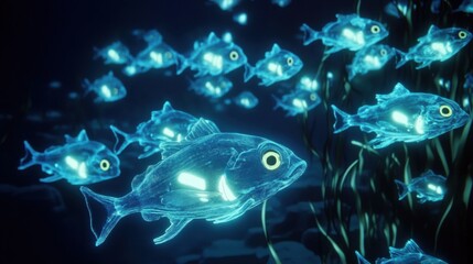 A group of Lumo fish swimming together in the dark ocean, their glowing bodies creating a mesmerizing underwater light show.