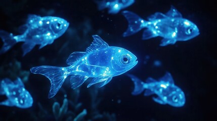 A group of Lumo fish swimming together in the dark ocean, their glowing bodies creating a mesmerizing underwater light show.