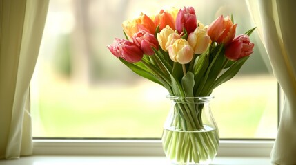Colorful tulips in vase by window with garden view