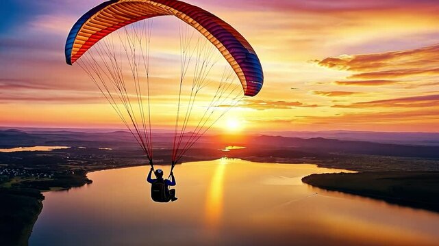 Soaring Above Serenity: A paraglider dances against the backdrop of a breathtaking sunset over a tranquil river, showcasing the freedom of flight.