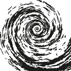 Grunge spiral shape. Abstract vortex motion. Swirling dynamic element. Black ink vector.