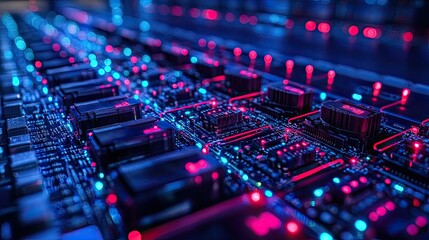 Obraz premium Futuristic Circuit Board Closeup, Glowing Wires, Tech Background