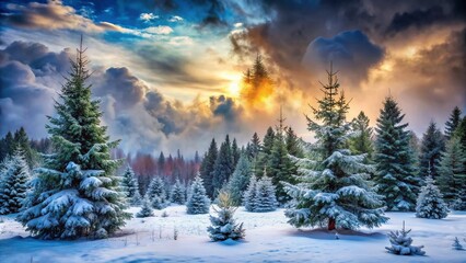 Fototapeta premium Minimalist Winter Wonderland: Frosty Coniferous Forest in Blizzard's Approach