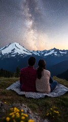 Fototapeta premium Couple enjoying a starlit night on a mountain overlook with snow-capped peaks