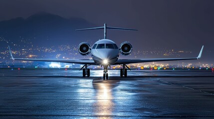 Elegant Private Jet on Glistening Runway at Night Under Lights