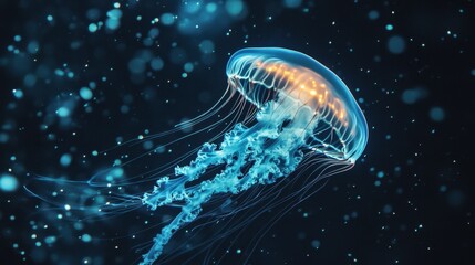 Fototapeta premium An underwater photographer capturing a breathtaking scene of a glowing jellyfish drifting through the dark abyss, with tiny luminescent particles floating in the water. 