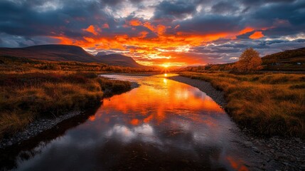 Fototapeta premium Autumn Sunset over Mountain River; Scenic Reflection