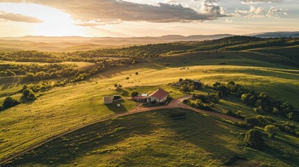 Fototapeta premium Tranquil Countryside Haven with Rolling Hills and Beautiful Sunset