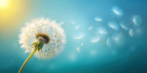 Obraz premium A Single Dandelion Flower with Seeds Gently Blowing Away in the Breeze on a Serene Background