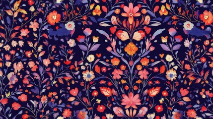 Elegant Floral Pattern, Dark Blue Background with Vibrant Red Orange and Purple Flowers