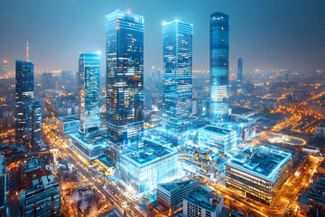 Smart city at night, digital network, aerial view, urban landscape, tech innovation