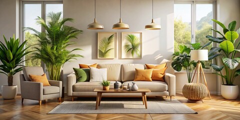 Modern Beige Living Room Interior with Tropical Plants & Blank Canvas - Stock Photo