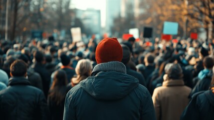 Assassination attempt during a political rally in a crowded city square. Featuring a figure disguised as a bystander