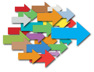A group of colorful arrows point right to progress.