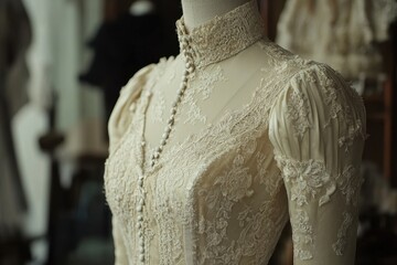 Obraz premium Antique ivory lace wedding dress, high neck, long sleeves. Perfect for vintage, bridal, or fashion themes.