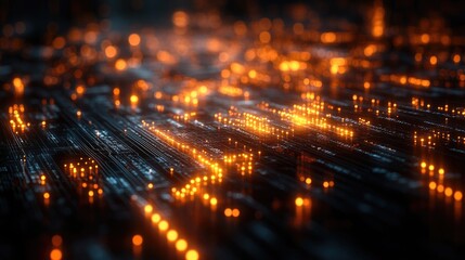 Obraz premium Glowing Circuits Flowing, Cityscape Background, Tech Concept