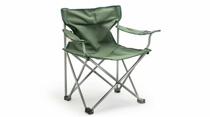 A portable aluminum folding camping chair with a green fabric seat, unfolded and set against a white background.