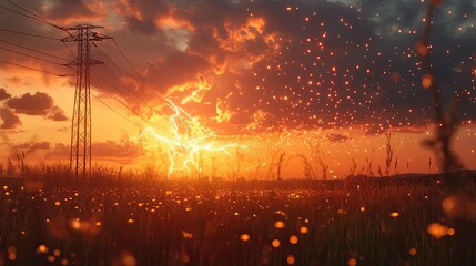 Fototapeta premium Sunset Lightning Strikes Power Line Across Field
