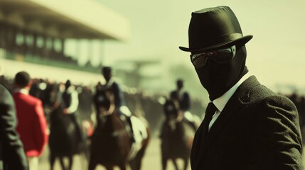 Assassination attempt during a prestigious horse racing event. Featuring a figure disguised as a jockey