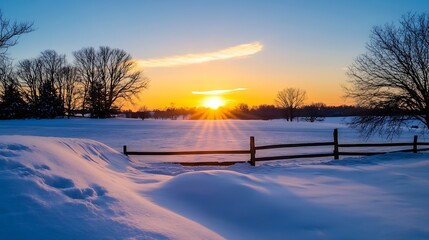 Naklejka premium Picturesque Sunset Over Snow Covered Landscape With Silhouetted Trees : Generative AI